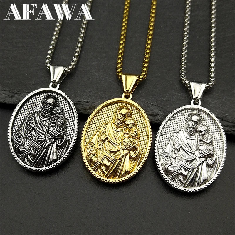 Saint Joseph Baby Jesus Medal Pendant Necklace — Stainless Steel