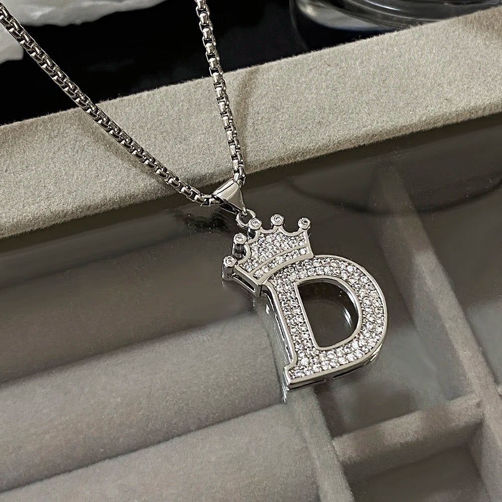 Freetry 26 Letters A-Z Zircon Crown Pendant Necklace for Women Men Punk Initial Alphabet Necklaces Hip Hop Choker Chain