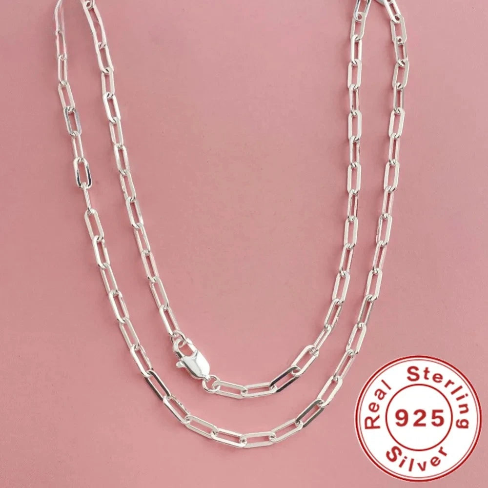45-60cm 925 Sterling Silver 3mm Wide Paper Clip Necklace for Boys Girls Women Fine Jewelry Wedding Party