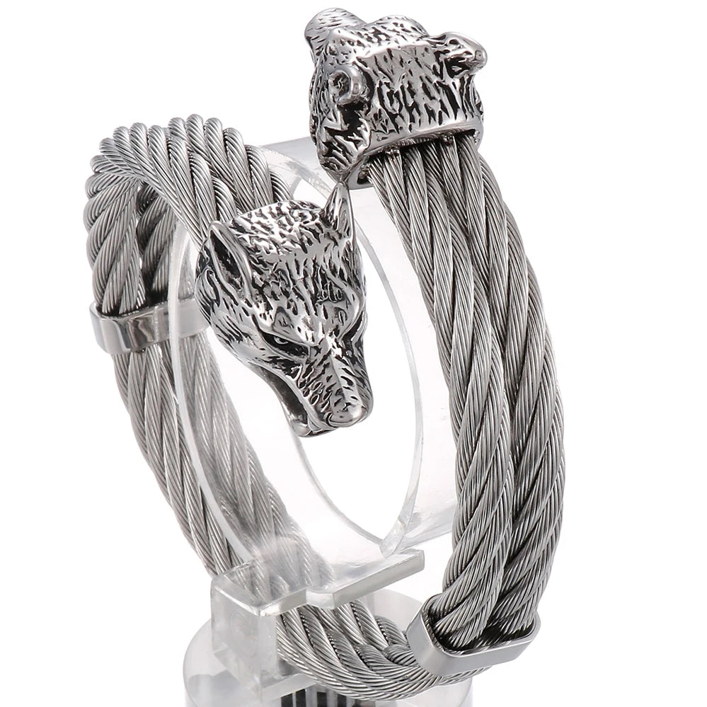 Retro Elastic Wolf Head Open Cuff Bangle Bracelet For Men 12MM Twist Chain Stainless Steel Men‘s Bracelets Rockers