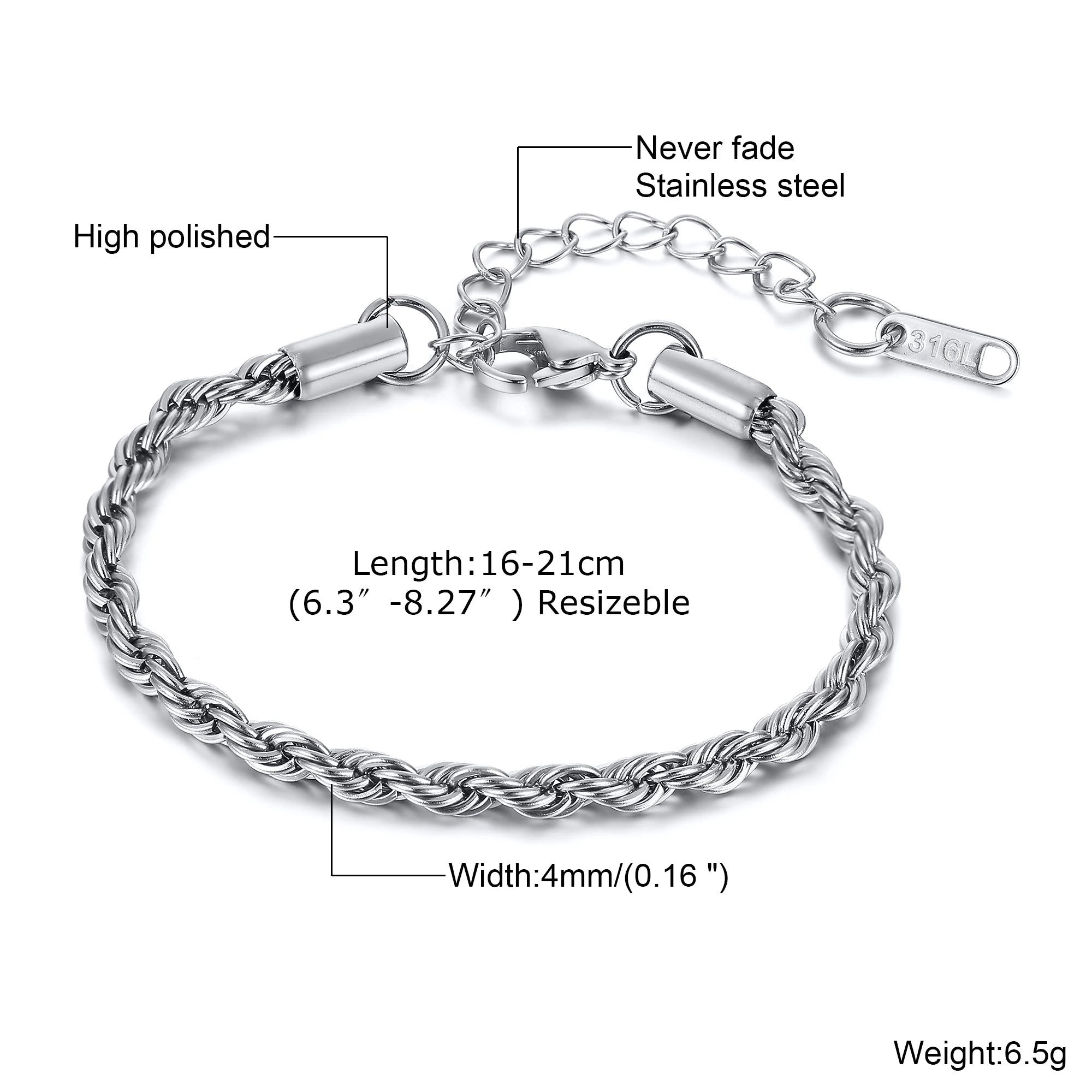 Gold Rope Chain Bracelet 5mm — Stainless Steel
