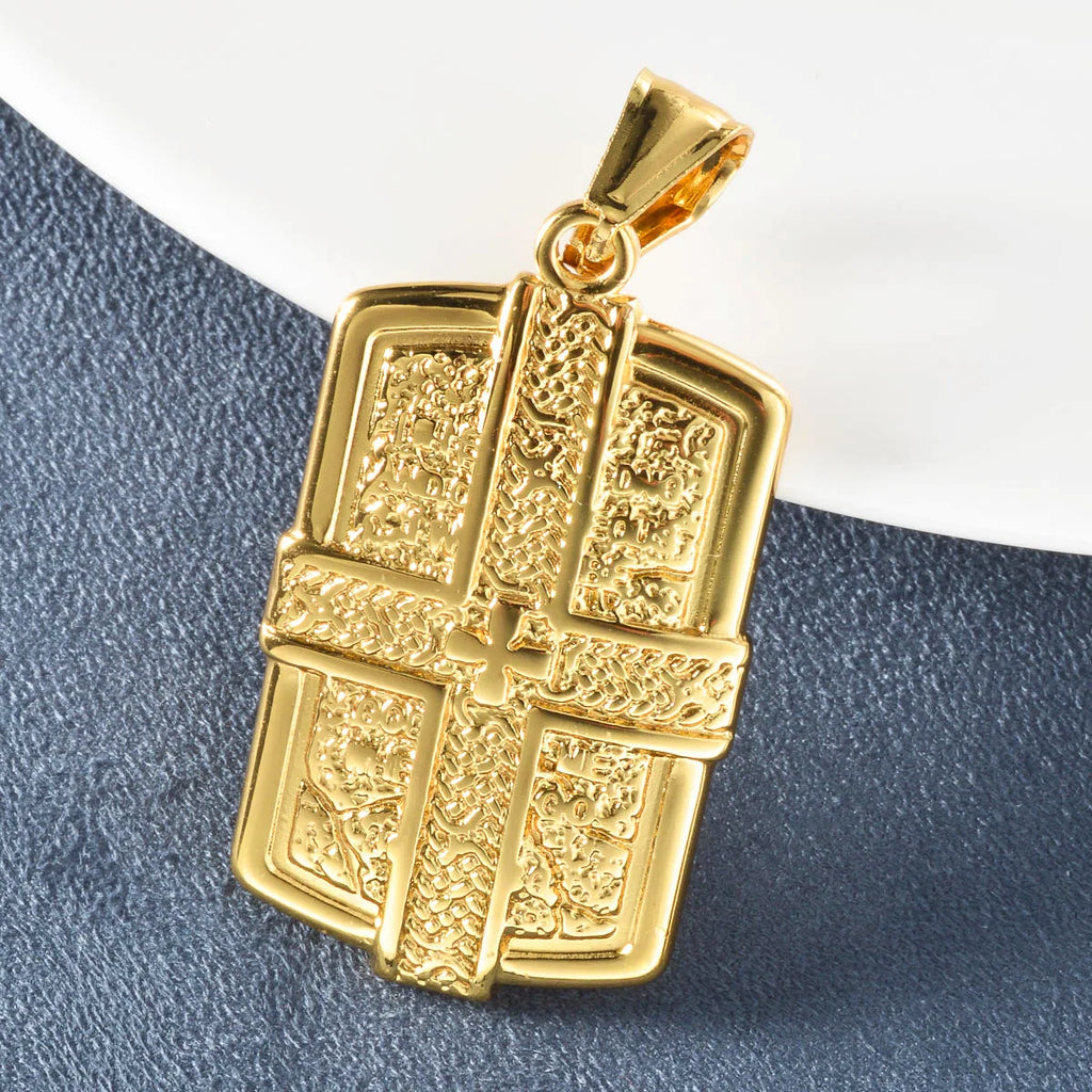 Luxury 24K 9999 Pure Gold real gold Men's Hip-Hop Necklace Vintage Pendant European Cross Embossed Square Brand Pendant