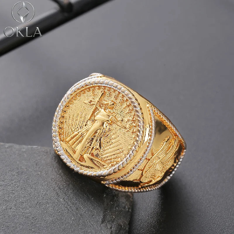 Okla2026 New Creative American Gold Glory 925 Silver Plated 18k Gold Saint Gordon Double Eagle Gold Coin Ring