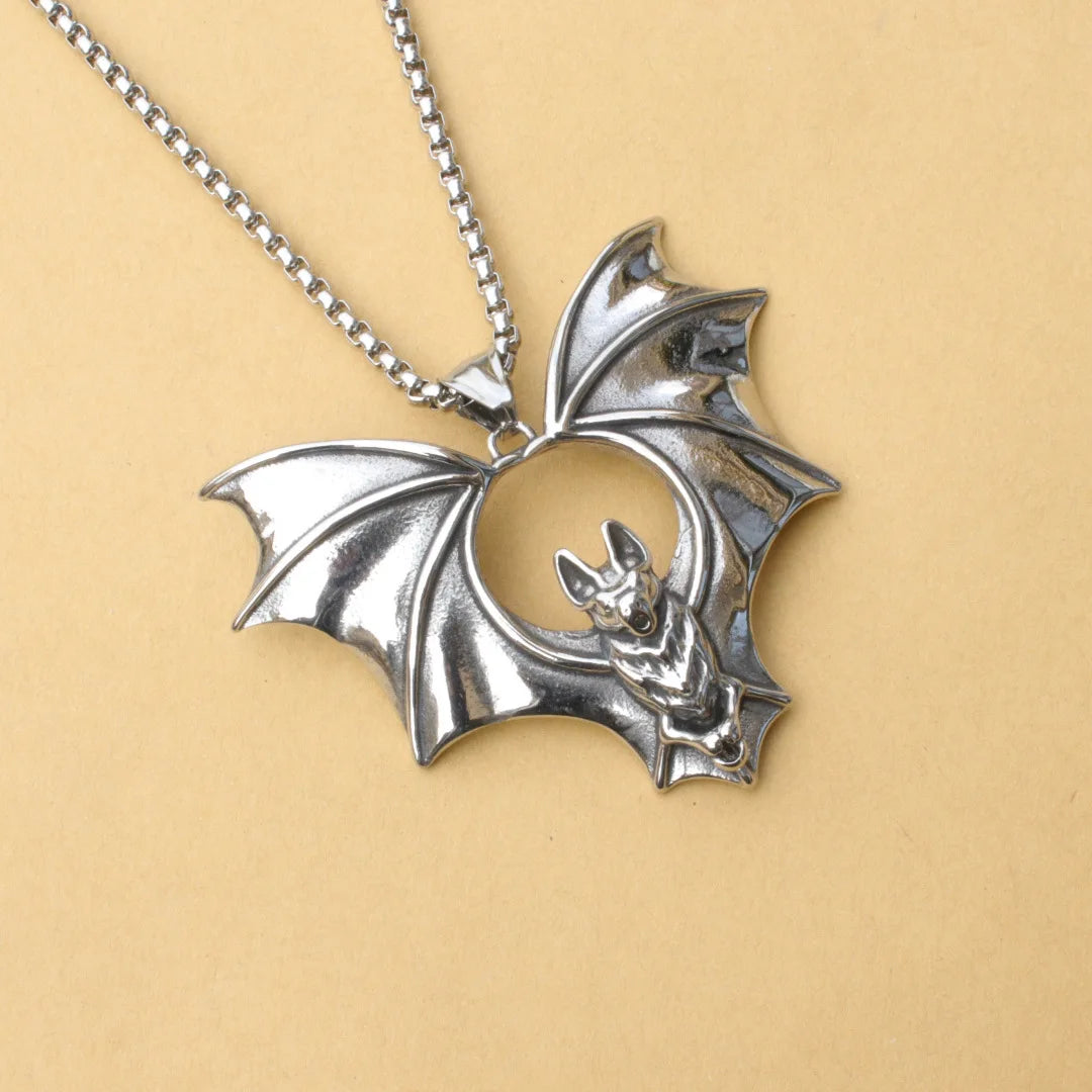 Gothic Bat Pendant Necklace Silver Stainless Steel