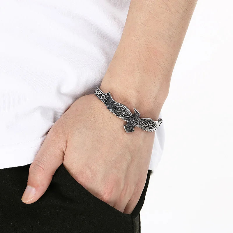 Vintage Open Cuff Bracelet for Men Feather Wing Celtic Knot Pattern Bangle Adjustable Jewelry Trendy Daily Gift