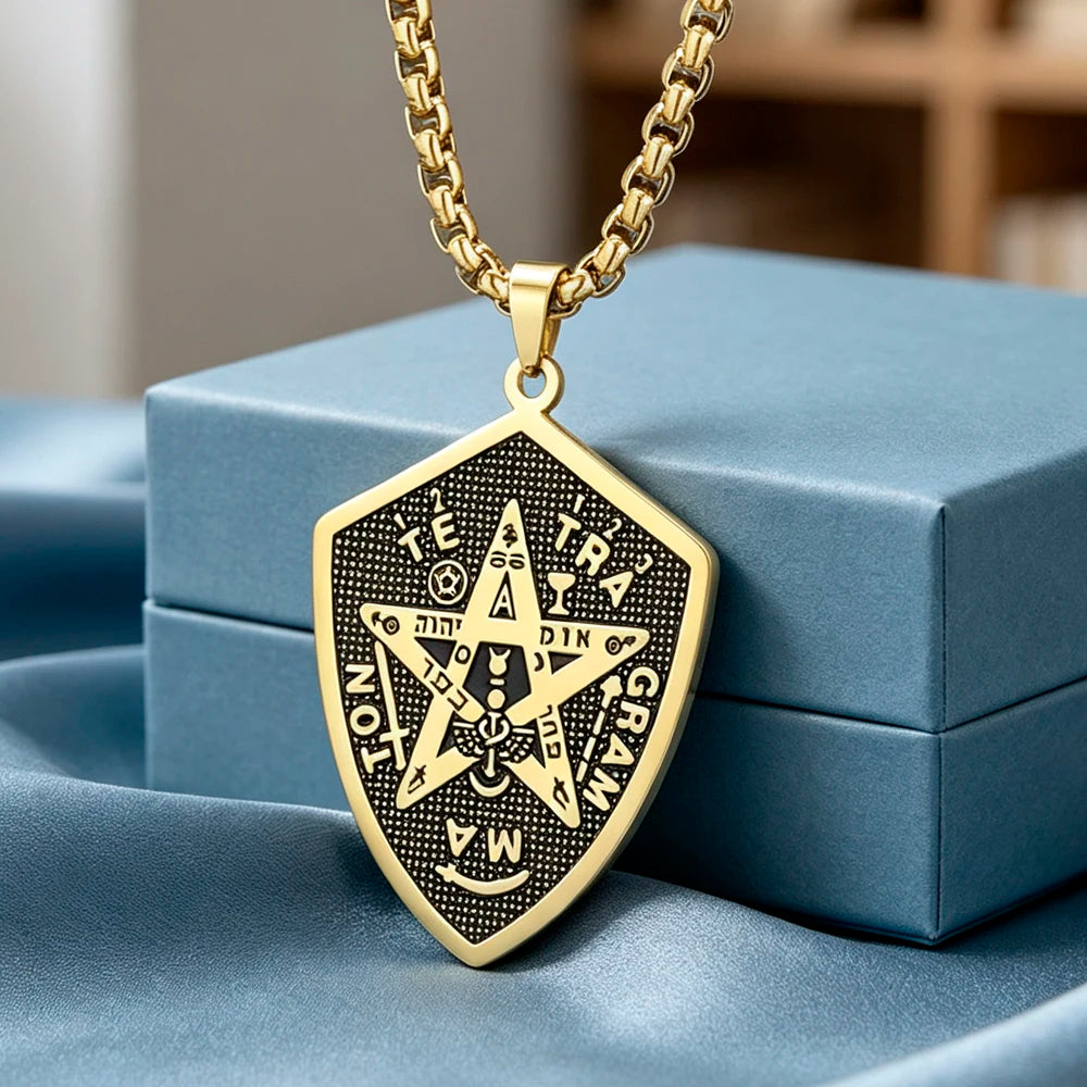 Tetragrammaton Shield Men Necklace Pentagram Protection Amulet Magical Healing Symbol Stainless Steel Wiccan Jewelry