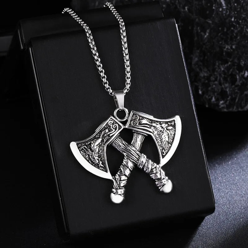 Vintage Viking Axe New In Necklace Crow Wolf Viking Pendant Necklace Medieval Mythology Jewelry For Men Gifts
