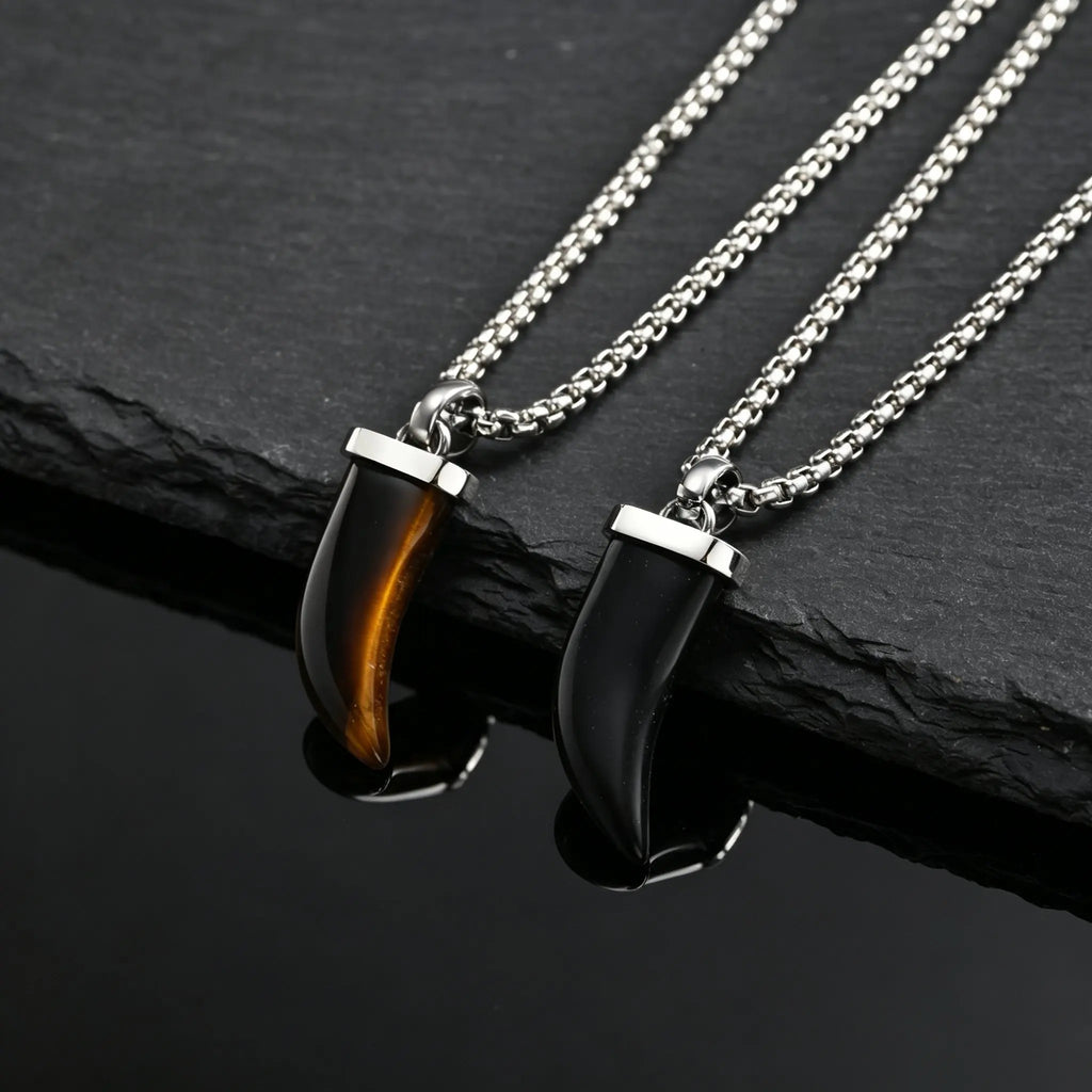 Stylish Natural Stone Horn Necklace for Men,Stainless Steel Black Agate Tiger Eye Stone Pendant Necklace,Healing Amulet Jewelry