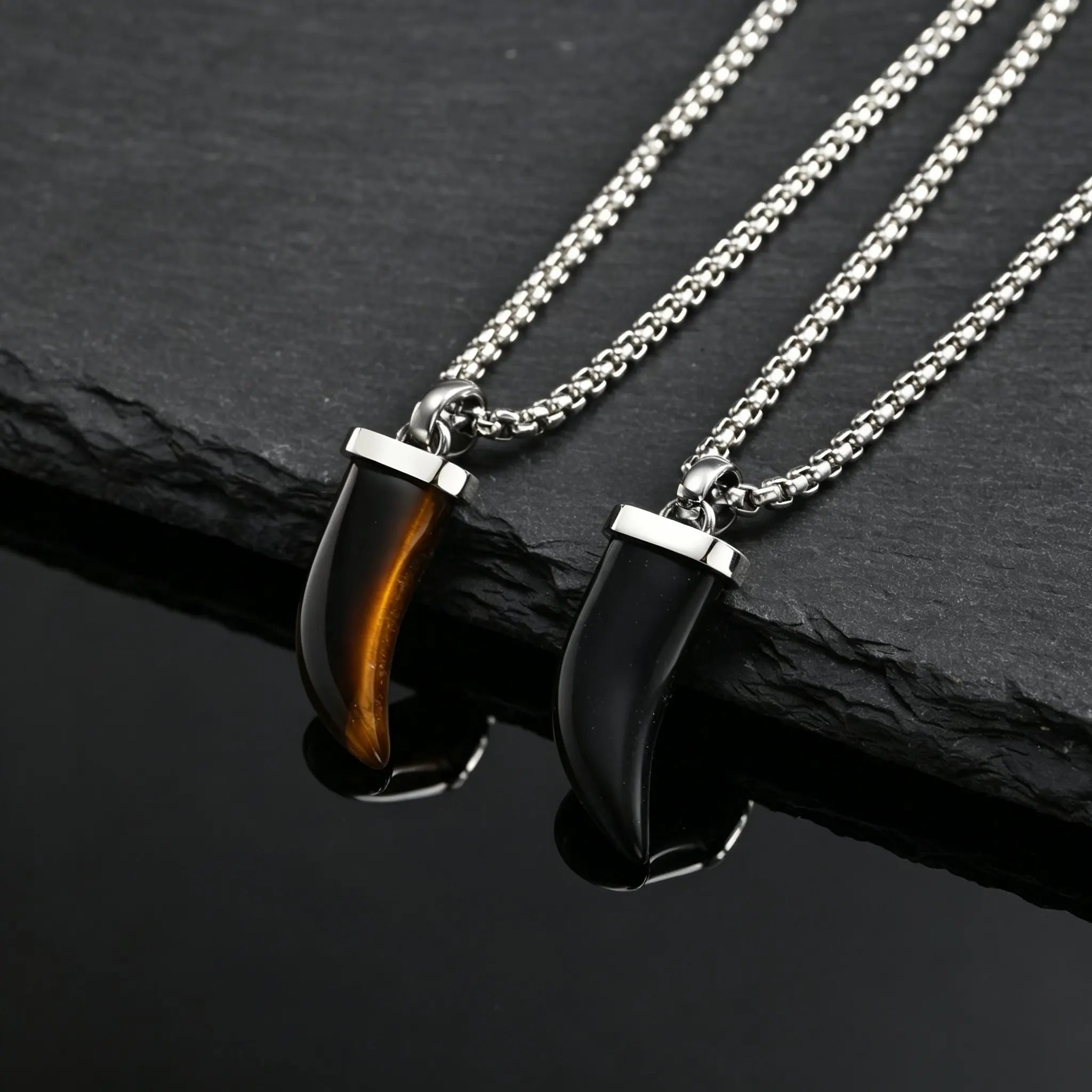 Stylish Natural Stone Horn Necklace for Men,Stainless Steel Black Agate Tiger Eye Stone Pendant Necklace,Healing Amulet Jewelry