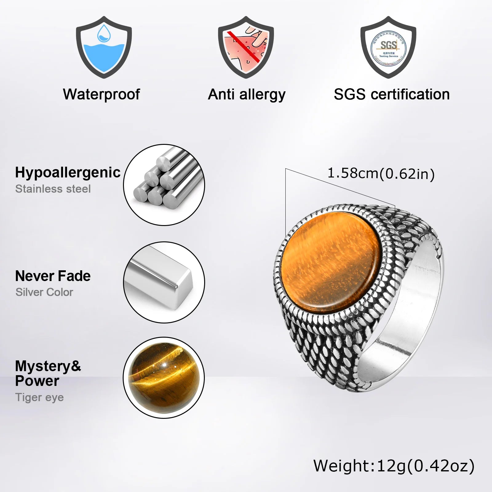 Vnox Dragon Scales Textured Signet Ring for Men,Round Tiger Eye Stone Top Finger Band,Black Gemstone Stainless Steel Stamp Ring