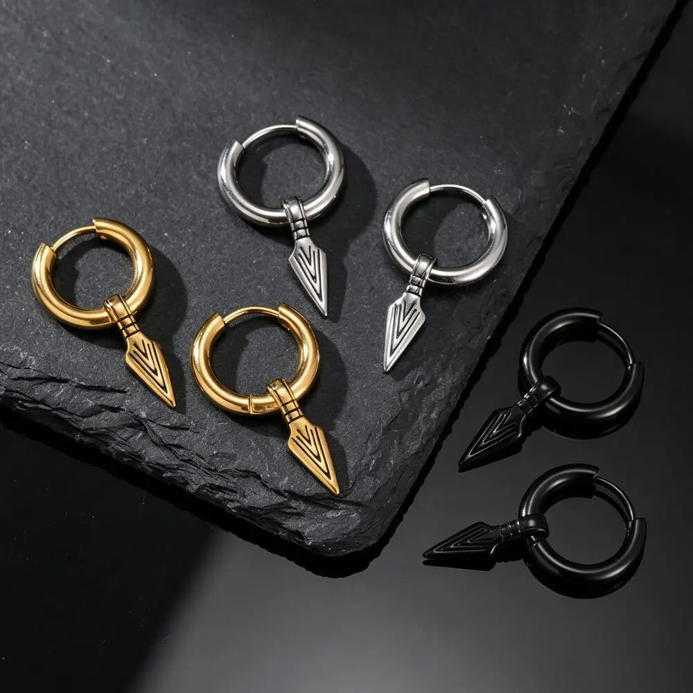 Viking Spearhead Dangle Hoop Earrings — Stainless Steel