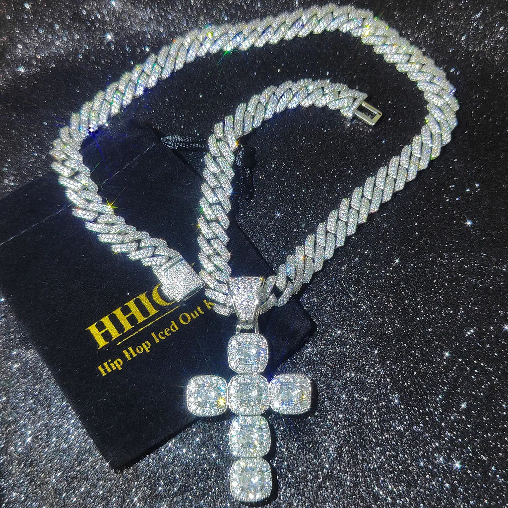 Iced Out Jesus Cross Necklace Cluster Tennis Chain Cross Pendant Religious Faith Hip-Hop Jewelry Gift for Men Women