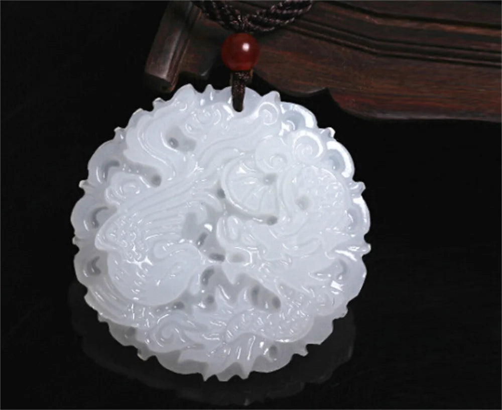Natural White Afghan Stone Jade Carved Chinese Dragon Phoenix Lucky Pendant Amulet Necklace Charm Gift Jewelry