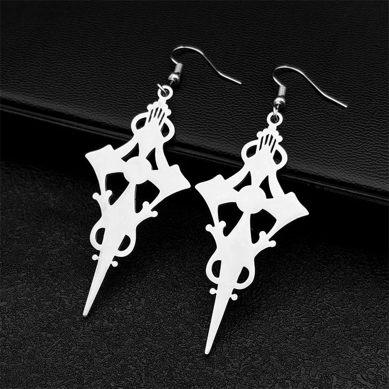 Gothic Cross Steel Earrings Satan Witch Big Hoop