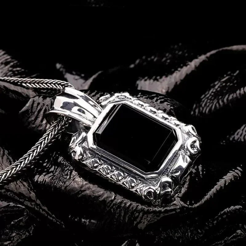 Classic Design Silver Inlaid Black Agate Pendant for Men Necklace Handsome and Domineering Keel Chain Charms Fashion Jewelry