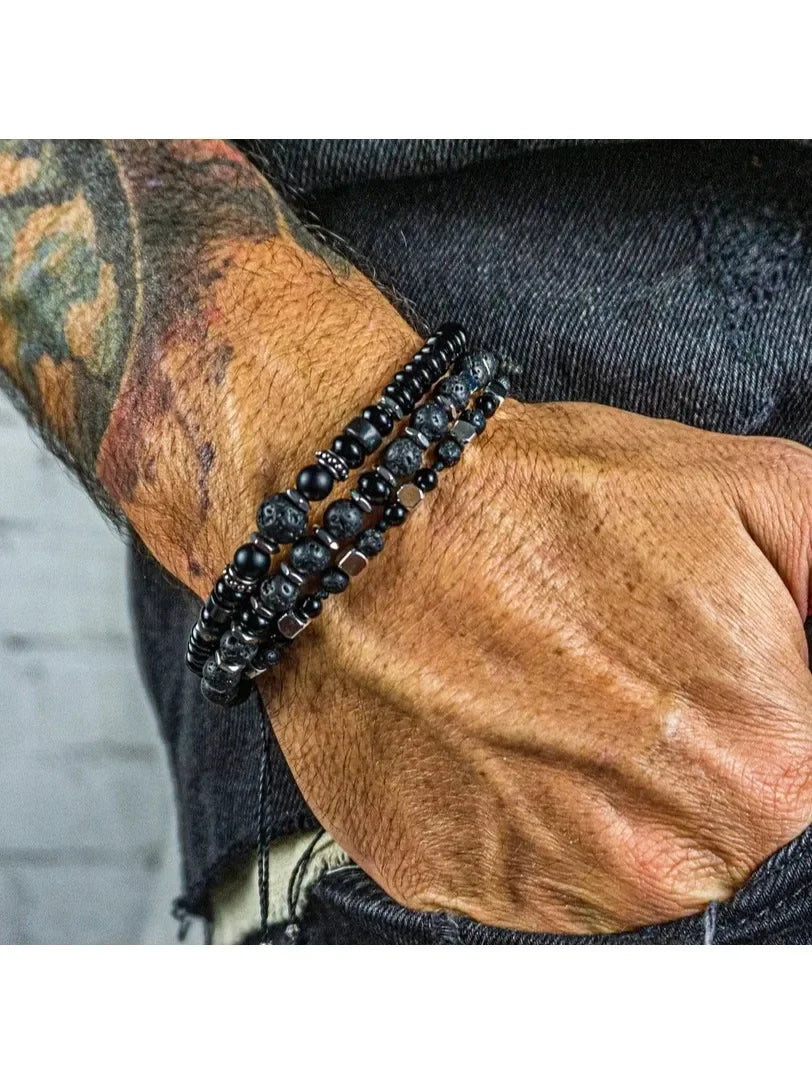 Mens Lava Stone Beaded Black Gemstone And Stainless Steel Waterproof Bracelet