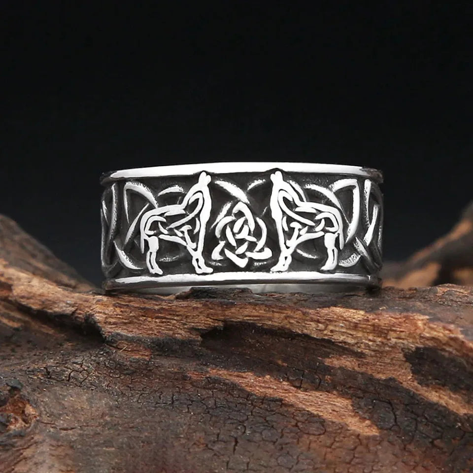 Wolf Odin Steel Ring Vintage Nordic Double Vikings