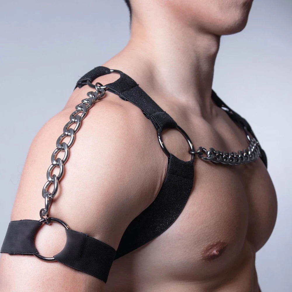 Black Punk Style Adjustable Tightness PU Metal Chain Half Harness Punk Belt Men Top Chest Suspender for Cosplay Party