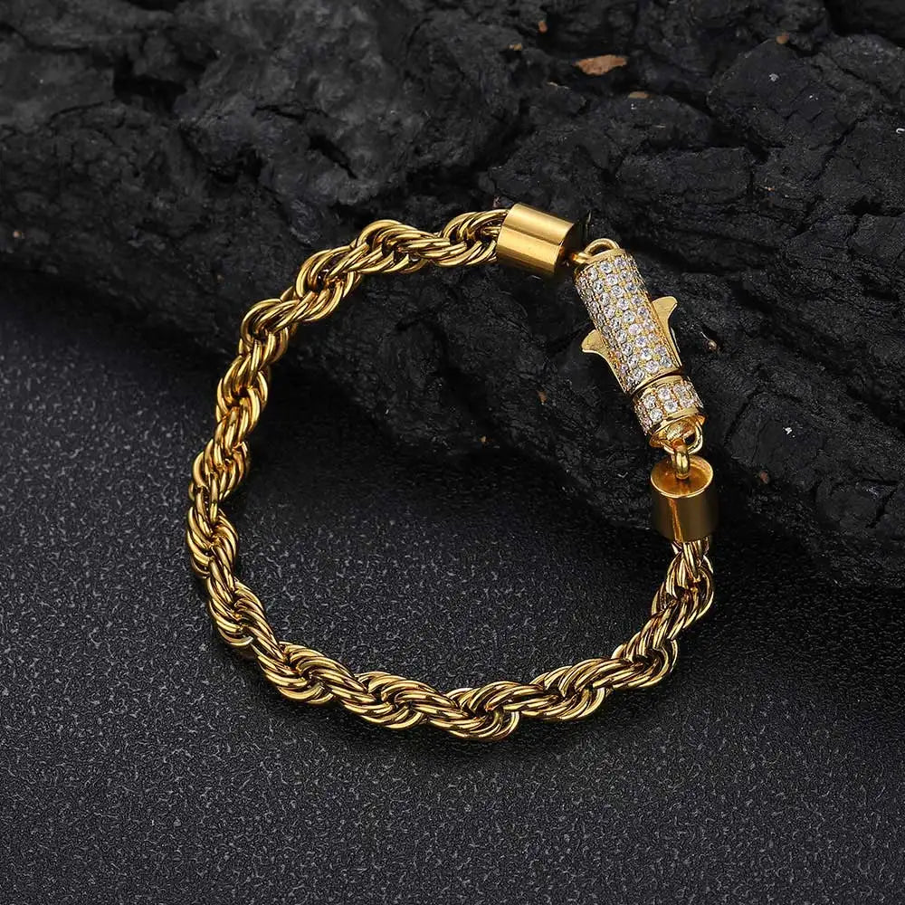6mm Stainless Steel Rope Chain Necklace With Iced Out CZ Clasp Hip Hop Link For Women/Men