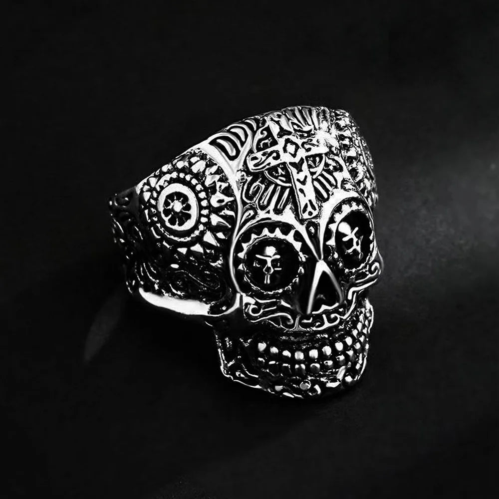 Retro Floral Cross Skull Ring for Men Steampunk Gothic Adjustable Open Ring Biker Jewelry Streetwear Accessories Unisex