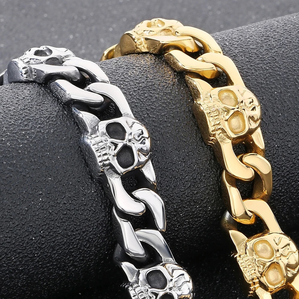 Punk Gothic Men's Bracelets With Skull Head Cuban Link Chain Man Bracelet for Men Stainless Steel Skeleton Jewelry