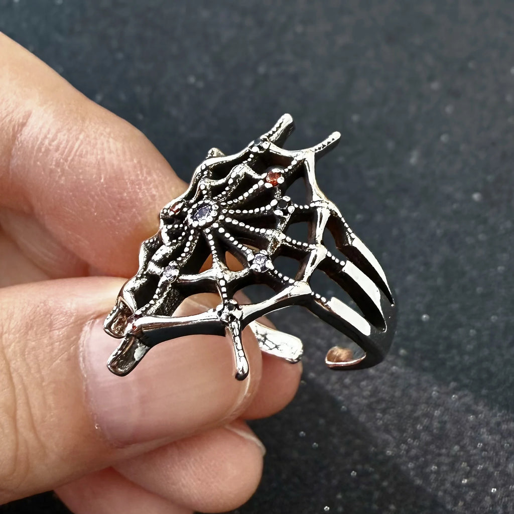 Retro The Spider Web Adjustable Open Ring For Men Punk Gothic Edgy Copper Jewelry Cosplay Holloween Accessories Unisex