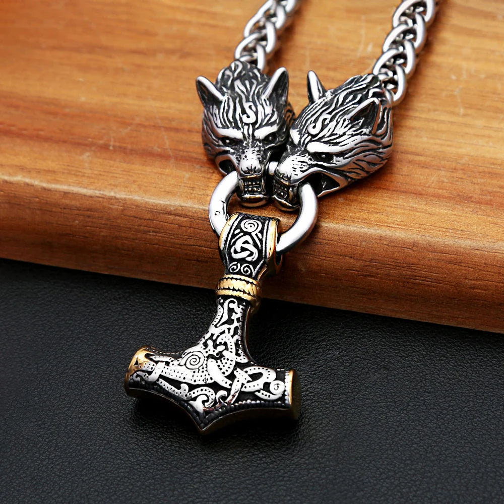 Wolf Thor Hammer Steel Pendant Vintage 316L Thor's