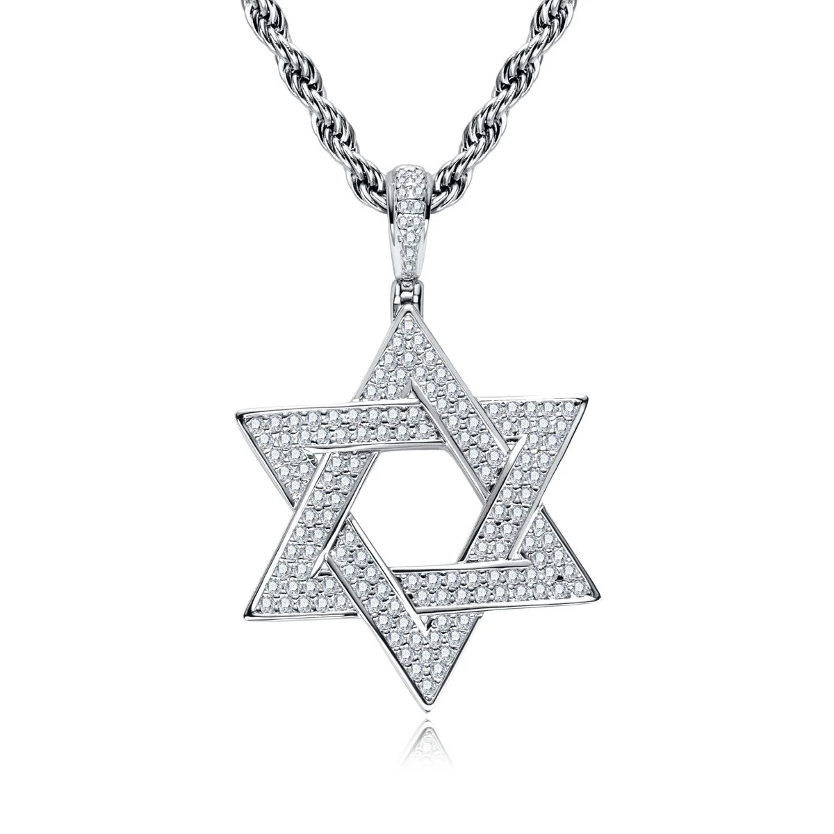 MossanRappr Full Moissanite Iced Out Star of David Pendant Necklace Hip Hop Hexagram Rope Chain for Men Women