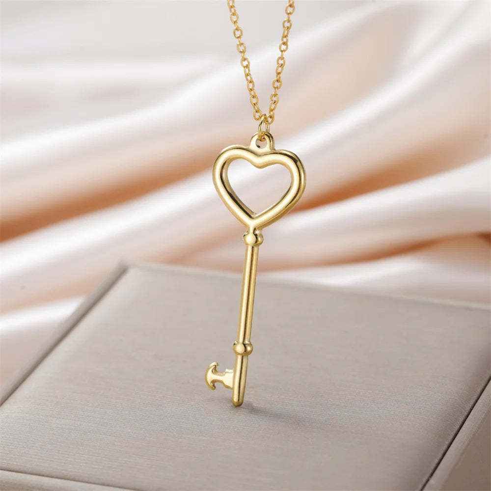 My Shape Saint Benedict Key Necklace for Women Men St. Benedict Key Shape Medal Pendants Chain Stainless Steel Religious Jewelry