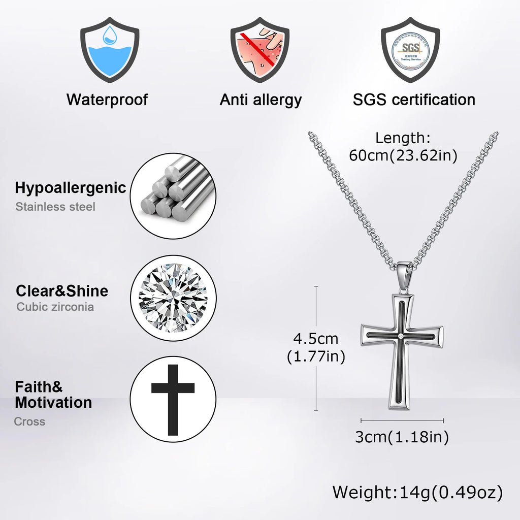 Vnox Cubic Zirconia Stone Centered Cross Necklaces for Men, Black Silver Color Stainless Steel Pendant,Religious Accessory Gift