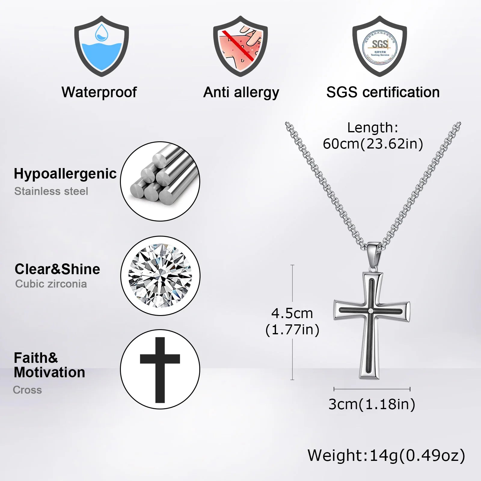 Vnox Cubic Zirconia Stone Centered Cross Necklaces for Men, Black Silver Color Stainless Steel Pendant,Religious Accessory Gift