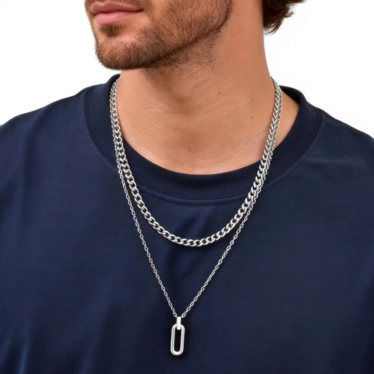Stylish Geometry Layering Necklaces for Men Women,Silver Color Stainless Steel Rectangle Pendant Neacklace,Birthday