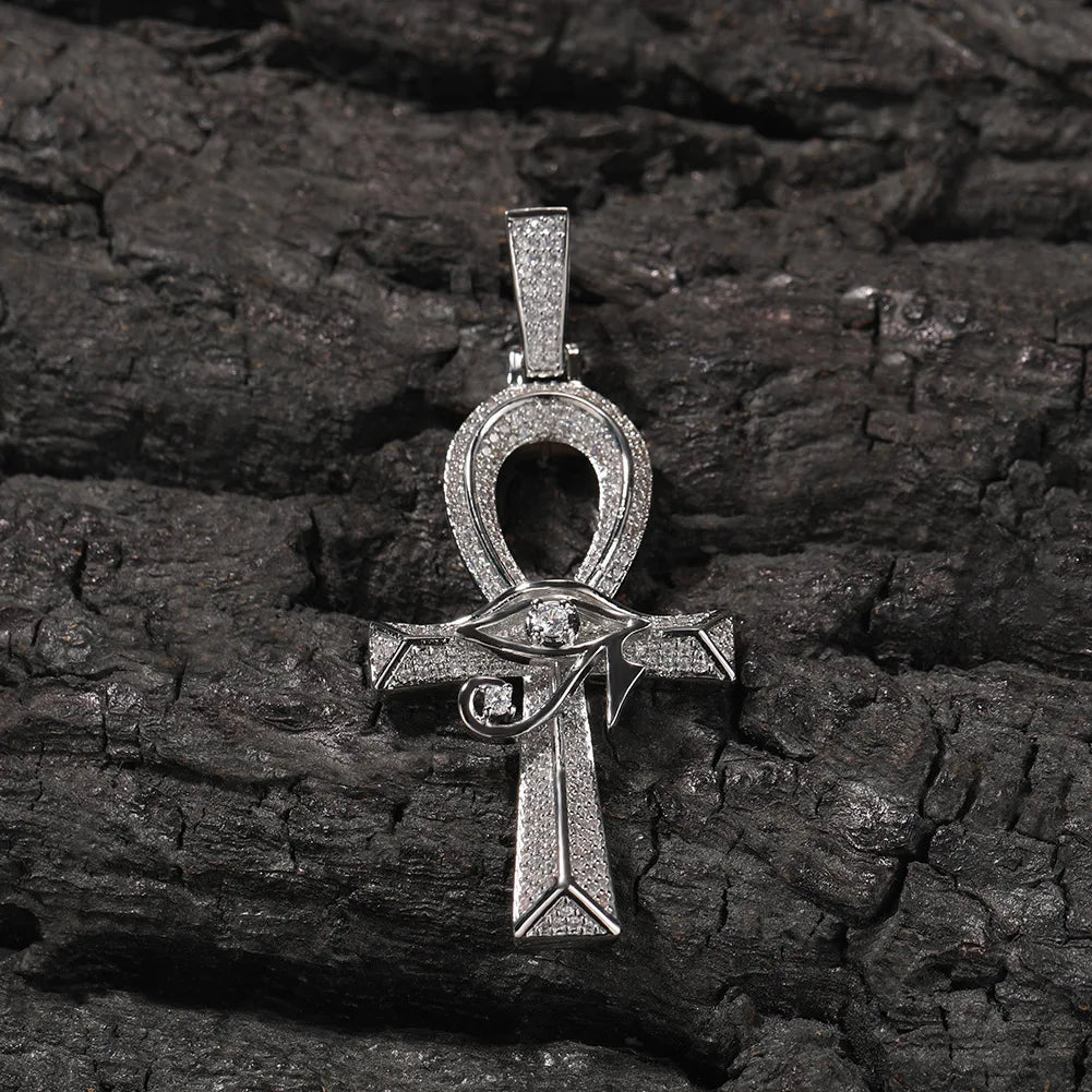 Shining Iced Out Ancient Egyptian God Eye of Horus Cross Pendant Necklace for Men and Women Hip Hop Trendy Amulet