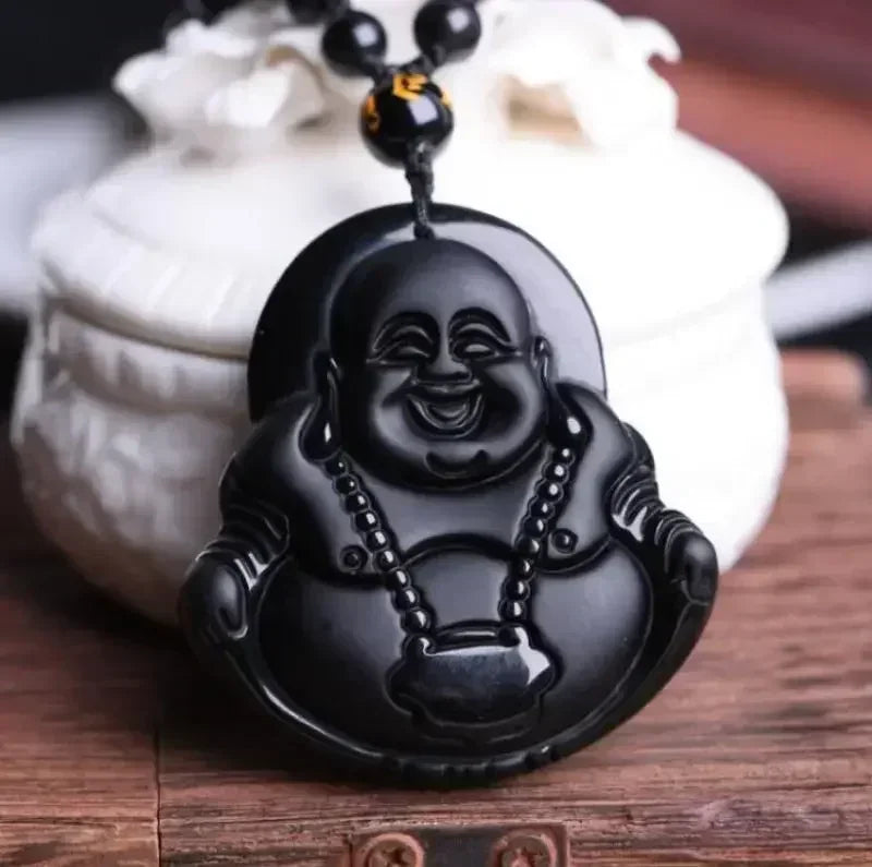 Obsidian Gossip Pendant Necklace Carving Dragon and Phoenix Shape Lucky Amulet Jewelry Six-Character Mantra Pearl