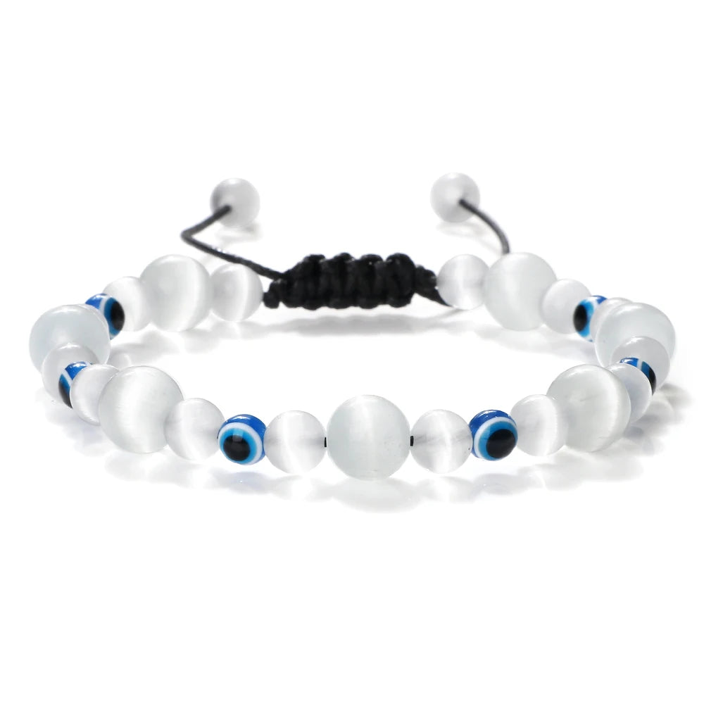 6 8mm Natural Stone Beads Bracelet for Women Men Blue Turkish Evil Eye Braided Chain Bangle Lucky Couple Jewelry Gift