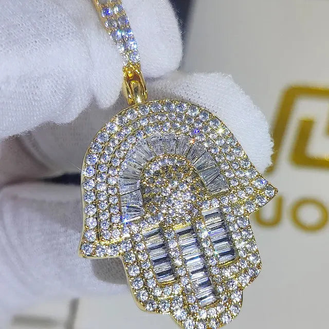 Iced Out Hamsa Hand of Fatima Pendant Necklace — Copper Alloy