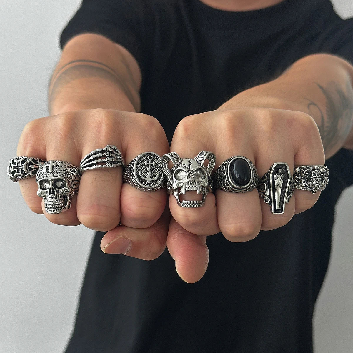 Gothic Skull Claw Cross Ring Set — Adjustable Silver