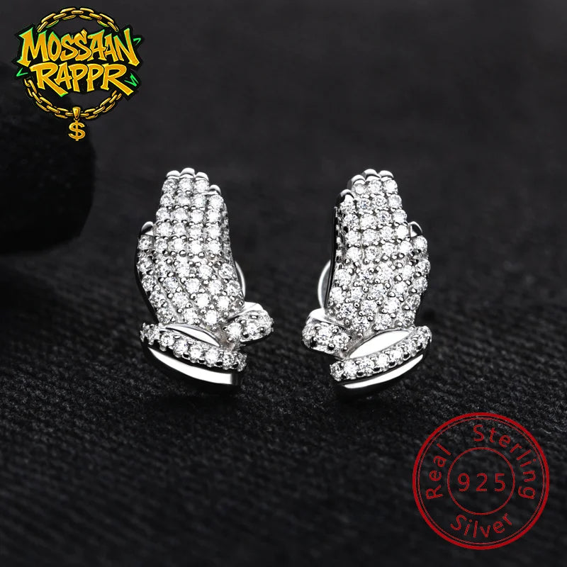 Iced Out Prayer Hand Earrings — 925 Silver