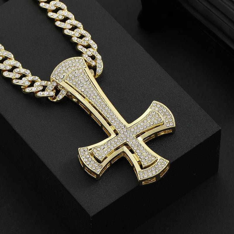 Iced Out Inverted Cross Pendant Necklace 11mm Miami Chain