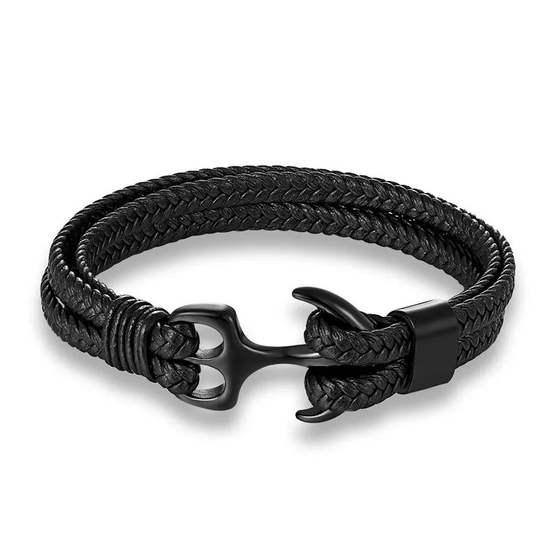 Nautical Anchor Woven Leather Bracelet — Stainless Steel Buckle