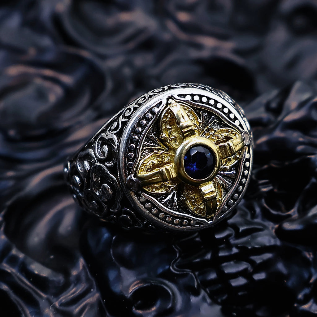 Tibetan Vajra Adjustable Open Ring — Golden Two-Tone Band