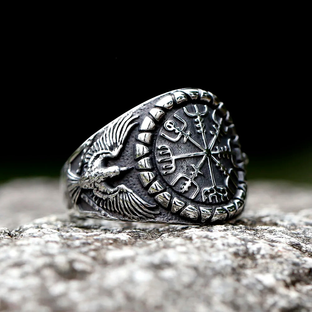 New Fashion 316L Stainless Steel Unique Viking Compass With Eagle Ring For Man Women Biker Jewelry for gift free