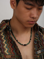 1PC INGX Man's Retro Ethnic Style Natural Flash Stone Necklace for Men Black Beaded Surfer Necklace Man Jewelry Collar Hombre