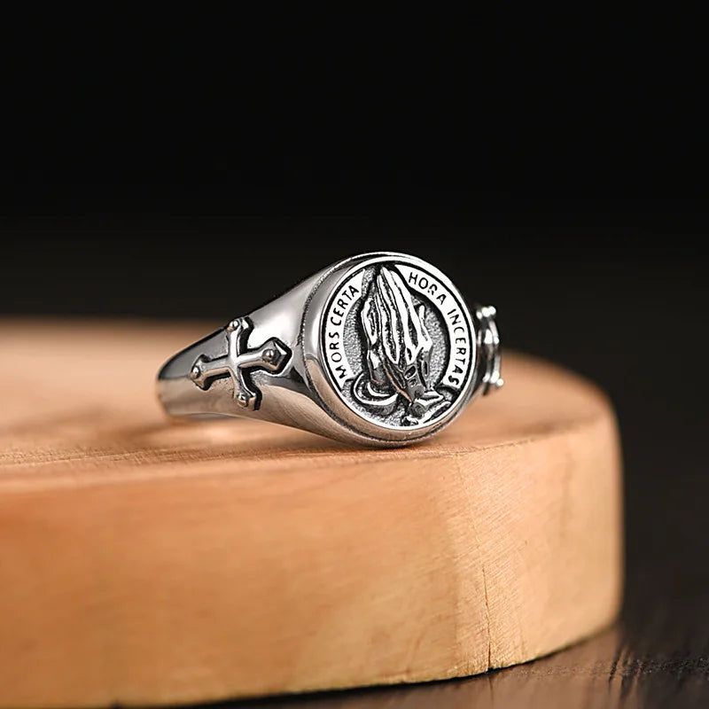 Dark Engraved Symbol Adjustable Open Ring — Stainless Steel