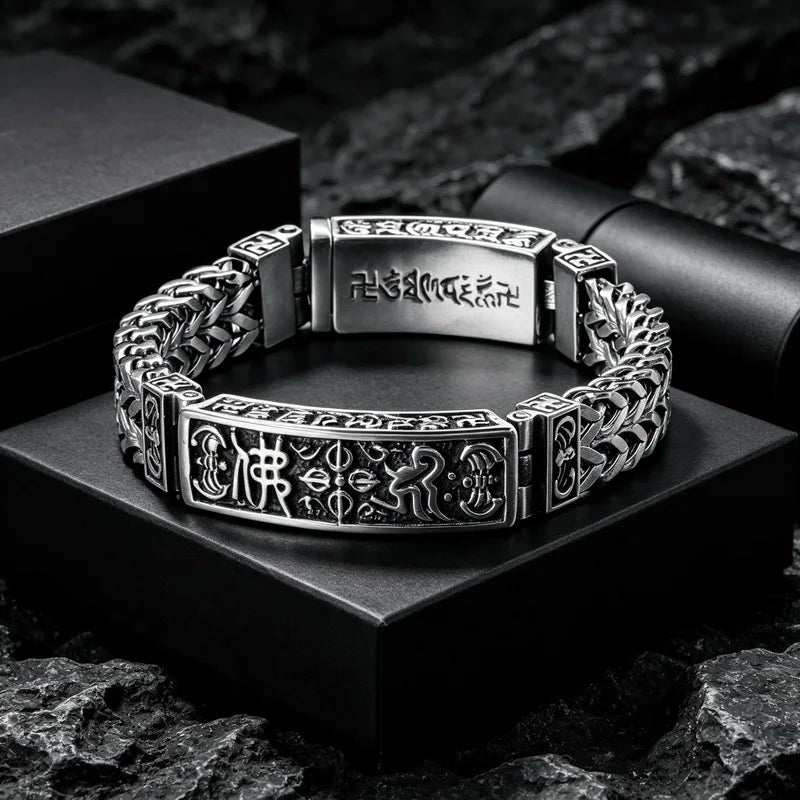 Vintage Men Stainless Steel Buddhist Motifs Bracelet Retro Pattern Link Chain Wrist Bangle Fashion Male Daily Jewelry