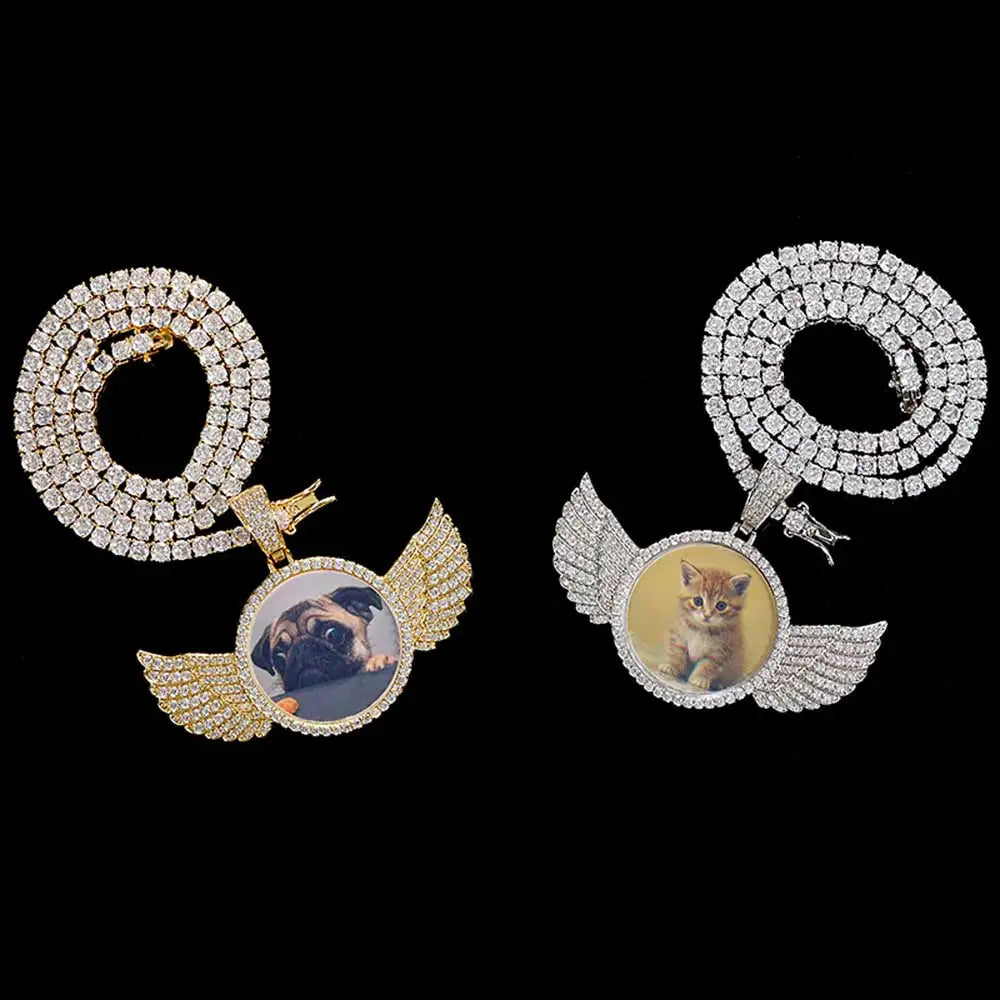 Angel Wings Photo Pendant Necklace Iced Out