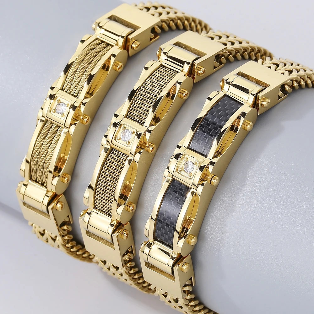Luxury Bracelet for Men Gold Color 12MM Wide Stainless Steel Square Franco Link Chain Men's Wrist Bracelets With Magnet