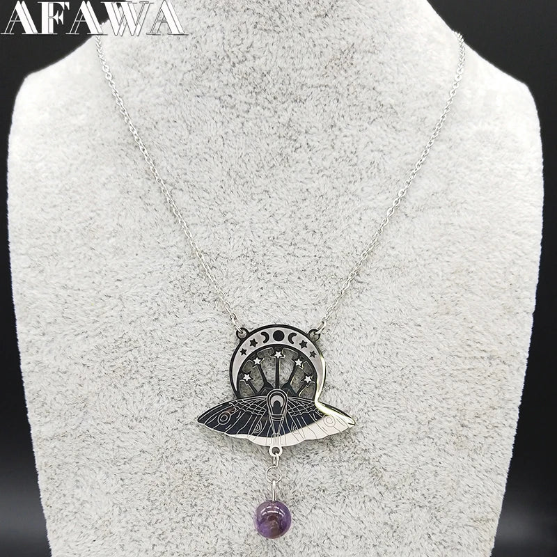 Bat Witchcraft Triple Moon Goddess Necklace Stainless Steel Women Silver Color Moth Necklace Jewerly Collar Mujer N3059S02