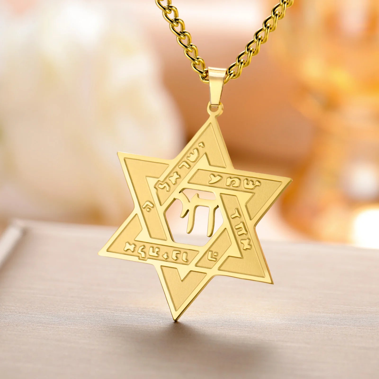 Cazador Star of David Hebrew Chai Pendant Necklaces for Women Men Stainless Steel Hexagram Choker Chain Jewish Jewelry Gifts