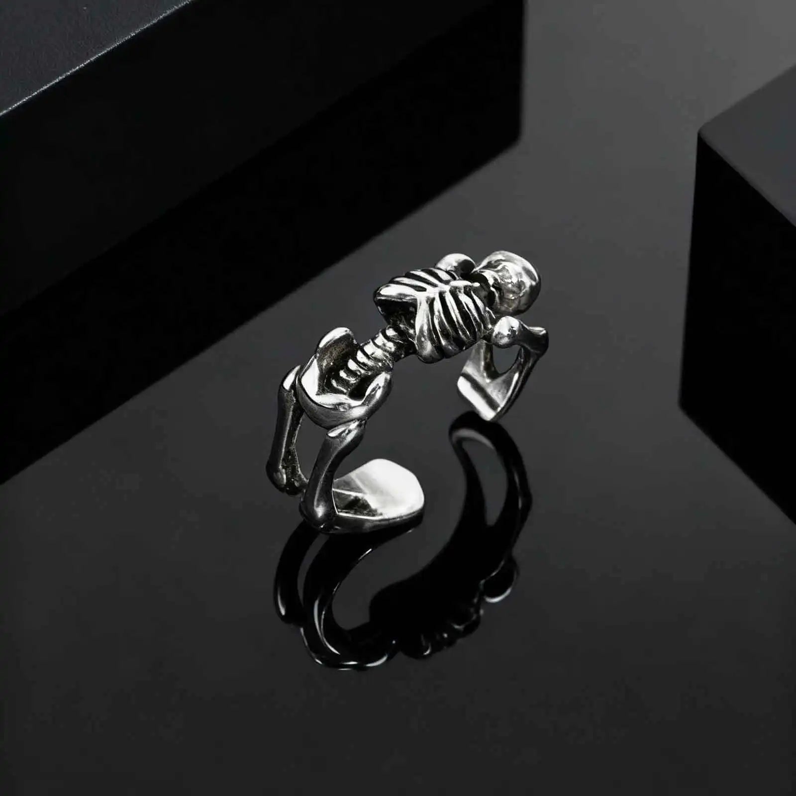 Creative Punk Skeleton Opening Ring for Men, Retro Gothic Skull Metal Rings, Vintage Hip Hop Finger Jewelry Gift for